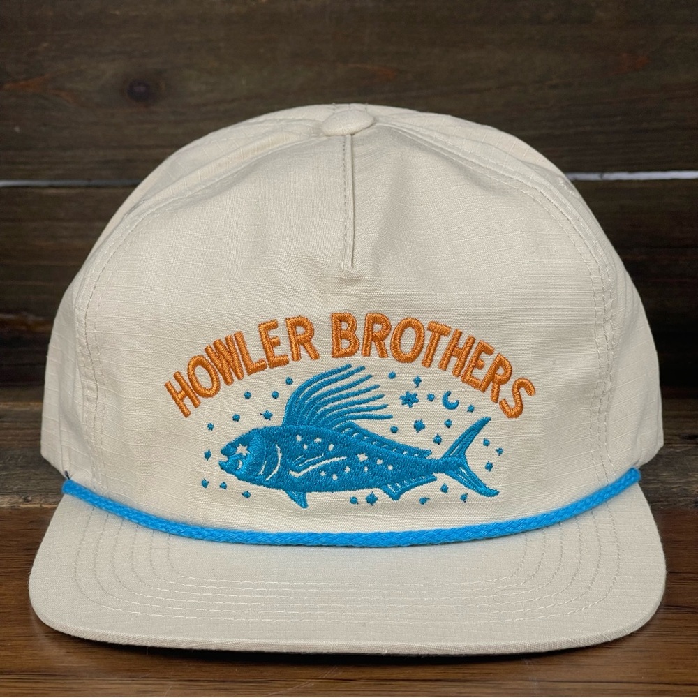 Howler Brothers Tan Hat with Orange Logo and Blue Embroidery